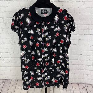Hell Bunny Unicorn Print Puff Sleeve Button Down Shirt